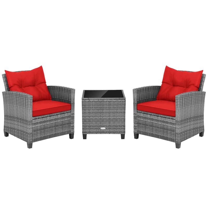 3PCS Patio Rattan Furniture Bistro Set Cushioned Sofas Side Table