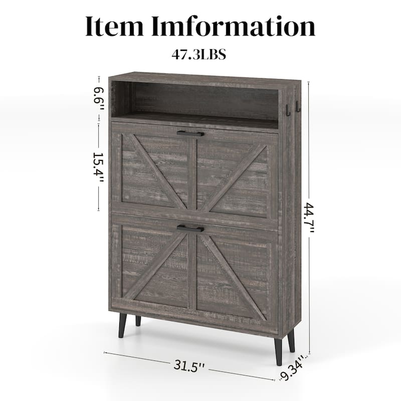 Shoe Storage Cabinet with Barn Door Design,Shoe Organizer with 2 Flip Drawers,Freestanding Narrow Shoe Rack Cabinet with Hooks