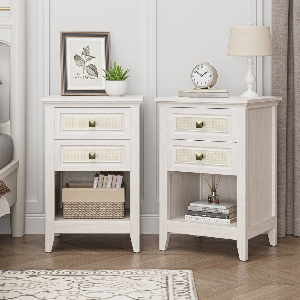 Wood Accent Boho Nightstand with 2 rattan Drawers