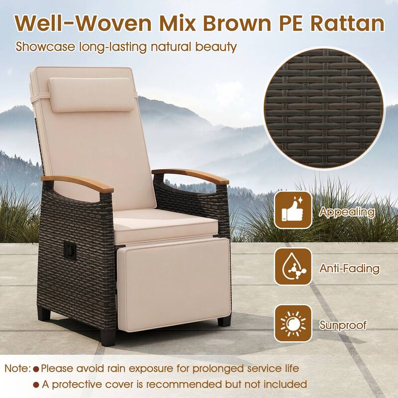 Gymax Set of 2 Patio Wicker Recliner Chair Rattan Lounge Chair w/