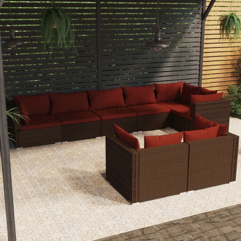 vidaXL Patio Lounge Set with Cushions Brown Poly Rattan - 27.6" x 27.6" x 24" - 27.6" x 27.6" x 24" - Brown/Cinnamon red 8 x Seat cushion