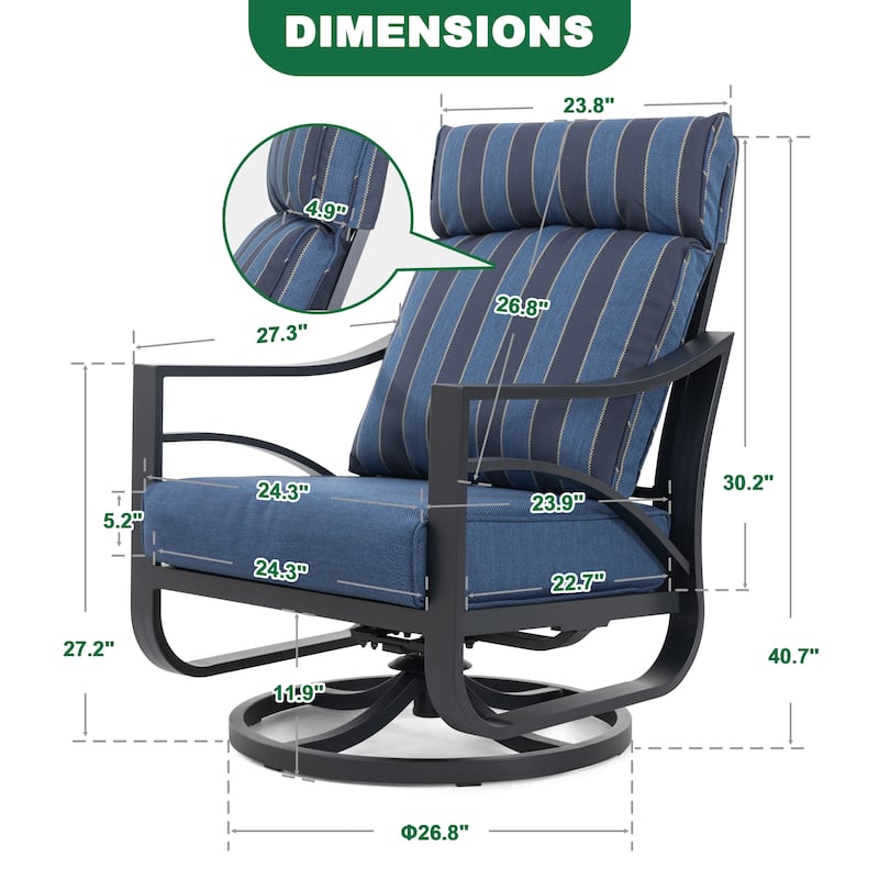 2-Piece Swivel Rocking Sofa Chairs with 5.2” Thick Cushions, Powder-Coated Aluminum Frame with High-Back Design