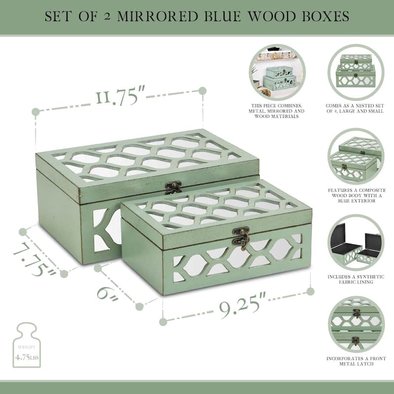 Blue Wood Moroccan Style Mirrored Storage Box (Set of 2)