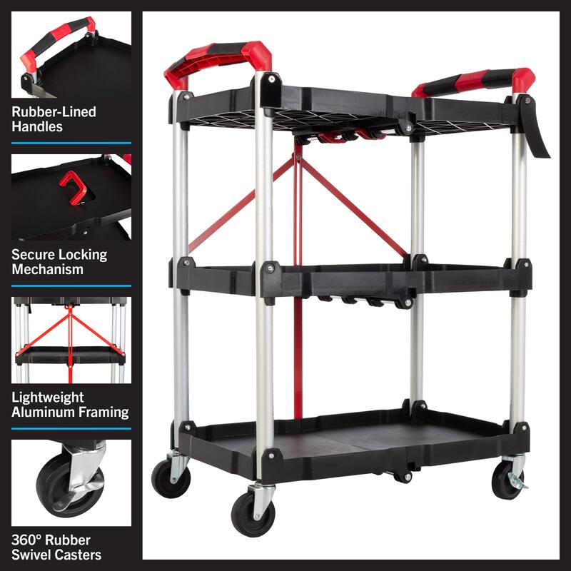 Collapsible Cart - Lightweight Folding Service Cart with 50lb Capacity Per Shelf - Foldable Cart with Wheels by Stalwart