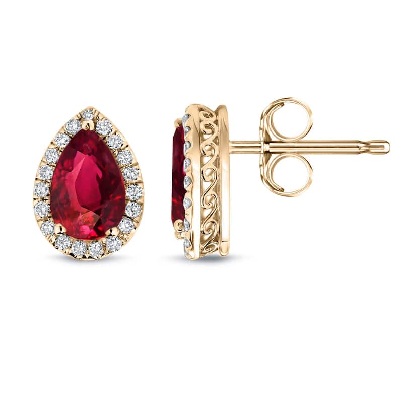 Auriya 14k Gold 2ct Pear-cut Red Ruby Halo Diamond Stud Earrings 1/3ct TDW - Yellow