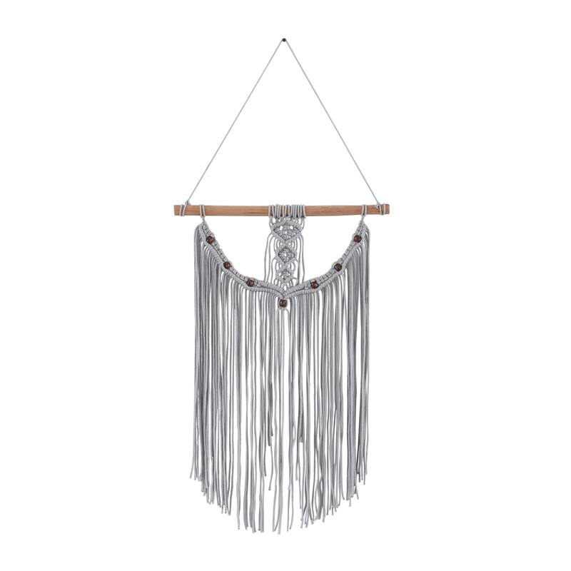Cotton Fabric Macrame Handmade Intricately Weaved Wall Decor with Beaded Fringe Tassels - Gray - Roche River Decor - Gray