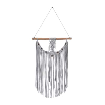 Cotton Fabric Macrame Handmade Intricately Weaved Wall Decor with Beaded Fringe Tassels - Gray - Roche River Decor