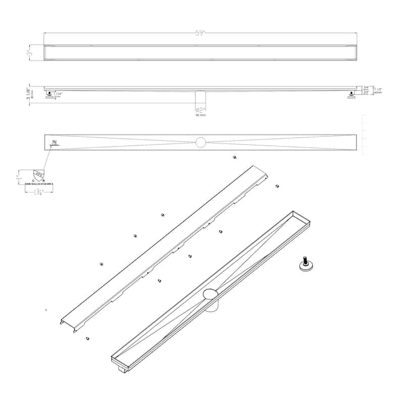 ALFI brand 59" Black Matte Stainless Steel Linear Shower Drain with Solid Cover