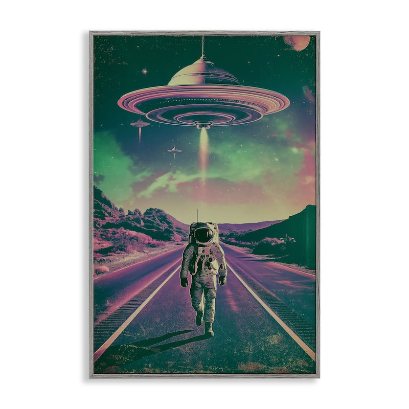Stupell Astronaut with Overhead UFO Framed Giclee Art Design By Wumples - 12 x 18 - Grey