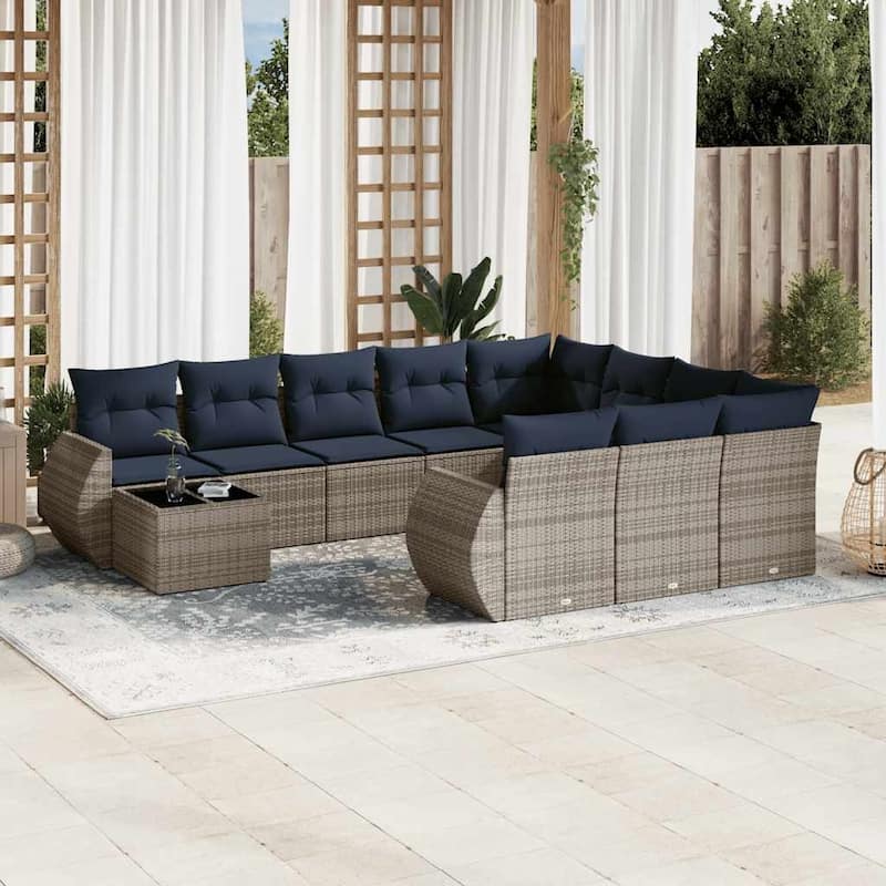 vidaXL 11 Piece Patio Sofa Set with Cushions Black Poly Rattan - 24.4" x 24.4" x 27.2" - Grey and blue