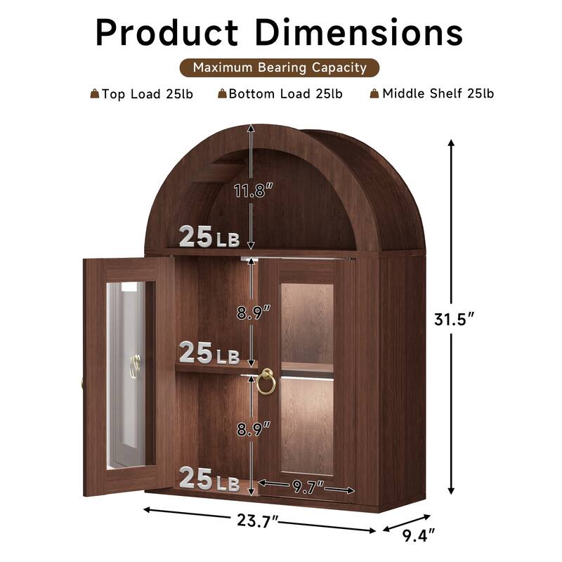 Wall Mounted Arched Cabinet with Glass Doors, Light and Adjustable Shelves for Laundry Room, Bathroom, Kitchen