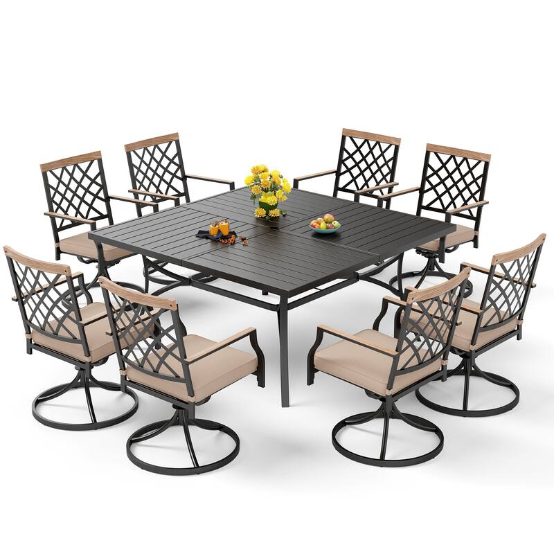 MAISON ARTS 9-Piece Patio Dining Set, 60 Inch Square Metal Table with 8 Swivel Dining Chairs