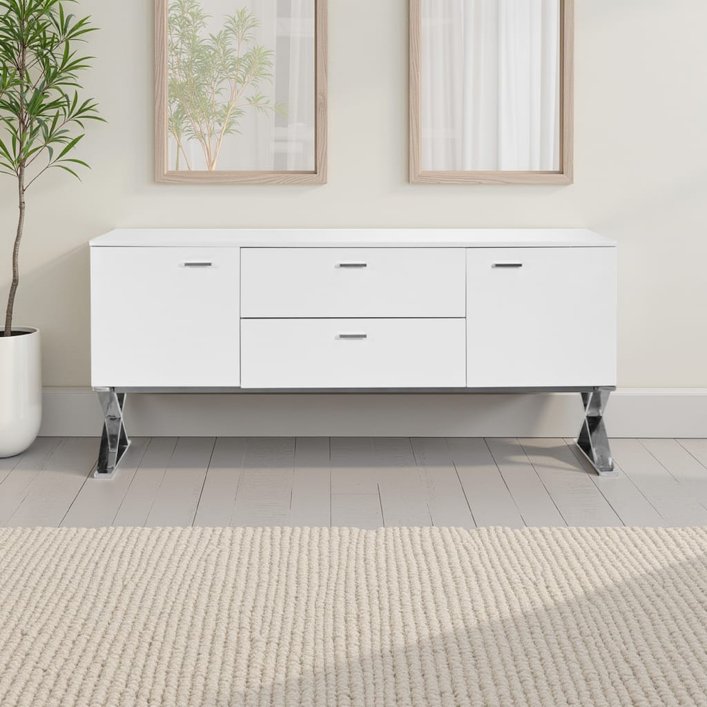 Tia Sideboard Buffet Console, 63 Inch Glass Top, White Lacquer, Gold