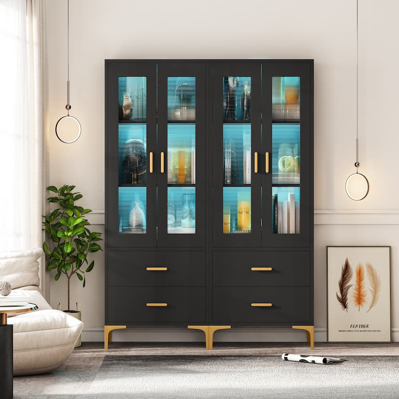 Tall Bookcase Bookshelf Storage Cabinet With Doors and LED Light