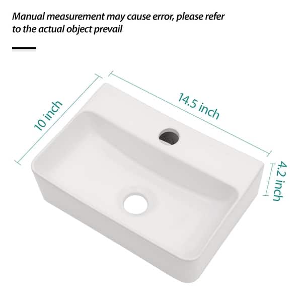 dimension image slide 1 of 2, White Ceramic Rectangular Wall Mounted Bathroom Sink with Faucet Hole