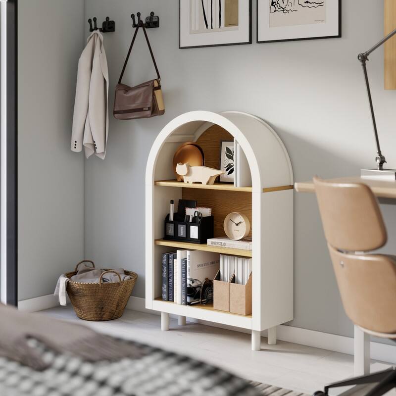 Freestanding Modern Arched Small Bookcase, Storage Cabinet with 3-Tier Storage Shelf