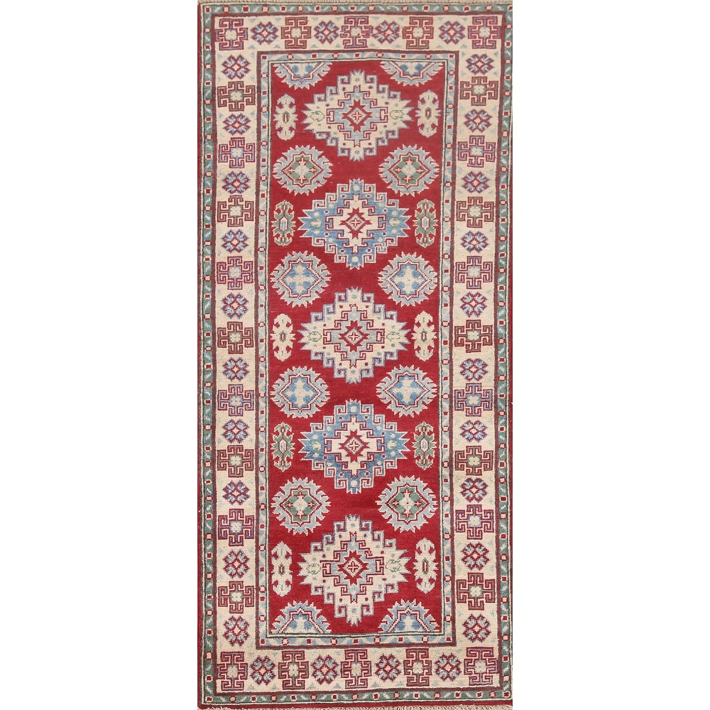 Hand Knotted Oriental 100% Wool Carpet Traditional Geometric Red Kazak Runner Rug - 6' 8'' X 2' 8''