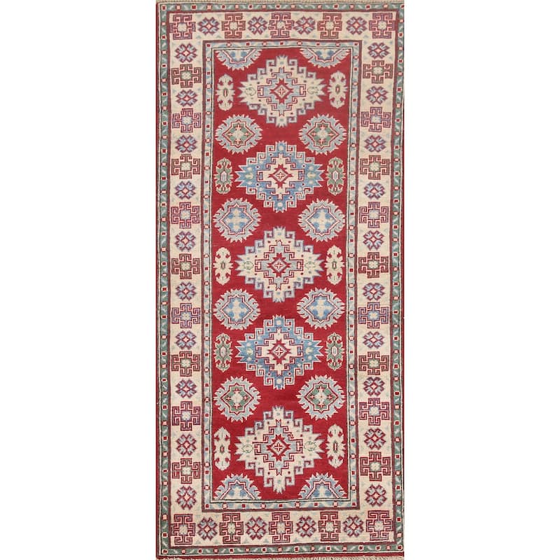 Hand Knotted Oriental 100% Wool Carpet Traditional Geometric Red Kazak Runner Rug - 6' 8'' X 2' 8''