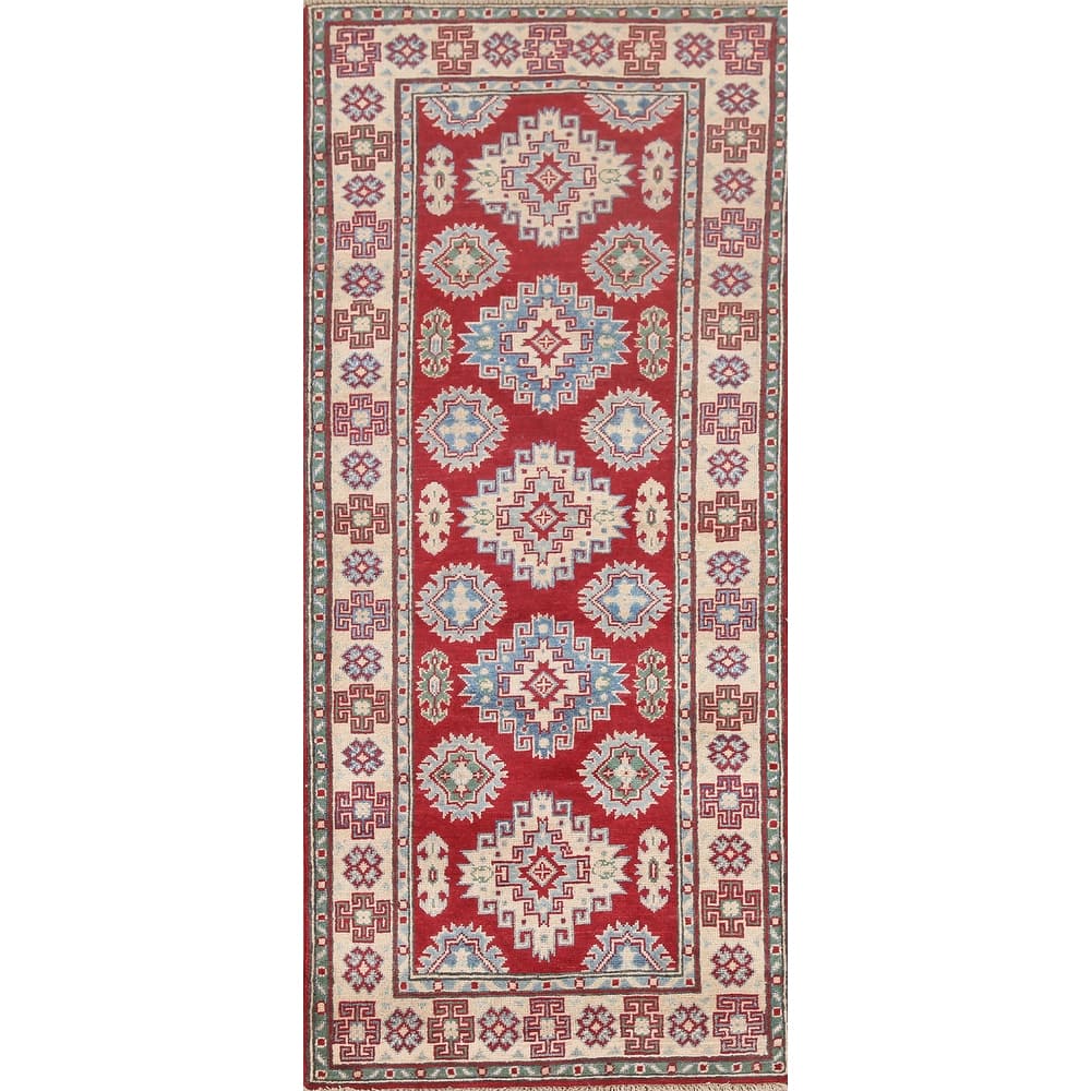 Hand Knotted Oriental 100% Wool Carpet Traditional Geometric Red Kazak Runner Rug - 6' 8'' X 2' 8''