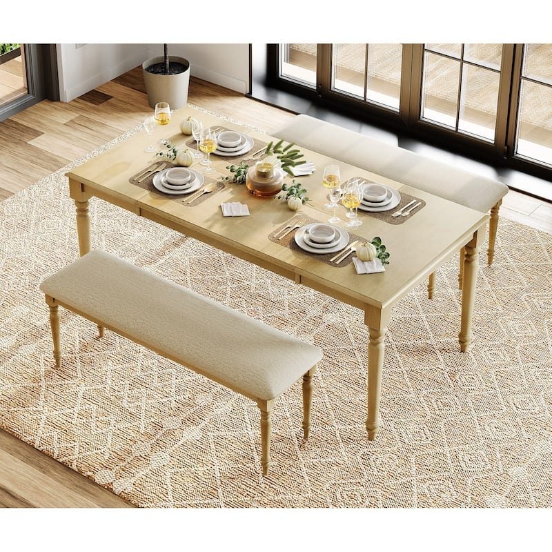 3-Piece Dining Table Set, Wood Dining Table & 2 Padded Benches, Oak