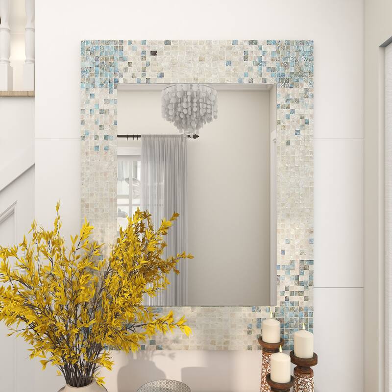 Cream Mother of Pearl Shell Handmade Mosaic Room Wall Mirror with Blue Corners