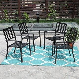 Phi Villa Black Steel Slat Seat Outdoor Dining Armchairs (Set of 4)
