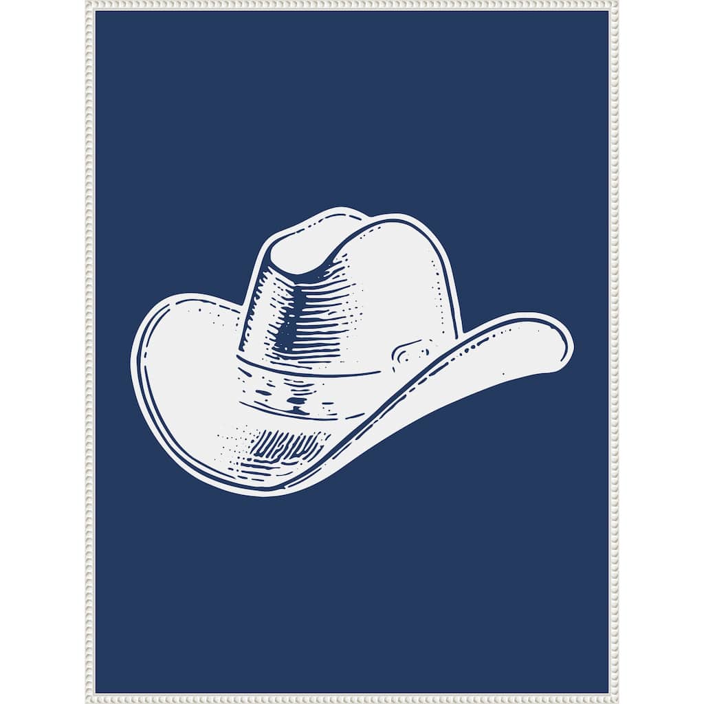 Navy Blue Cowboy Hat by Jolly and Dash Framed Canvas Wall Art Print - Sylvie Beaded White