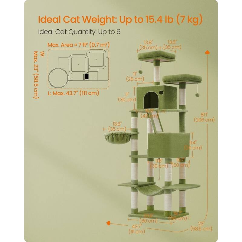 Cat Tree, 66.1-Inch Large Cat Tower with 13 Scratching Posts, 2 Perches, 2 Caves, Basket, Hammock, Pompoms