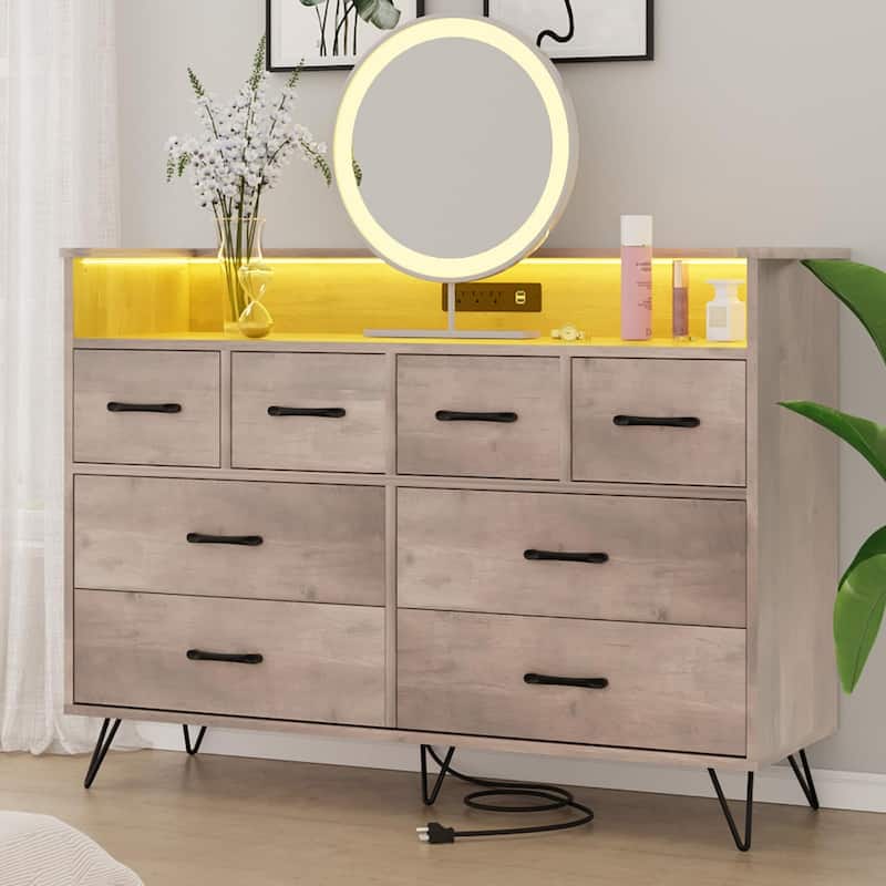 8 Drawer Dresser for Bedroom with LED Light, Charging Station & Open Shelf - Grey