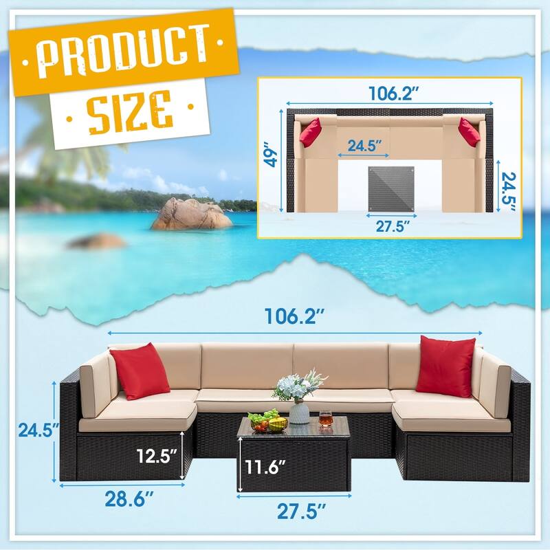 Furniwell 7-Piece Outdoor Patio Furniture Sets Sectional Sofa Set Acacia Wood Set with Table , Rattan sofa set
