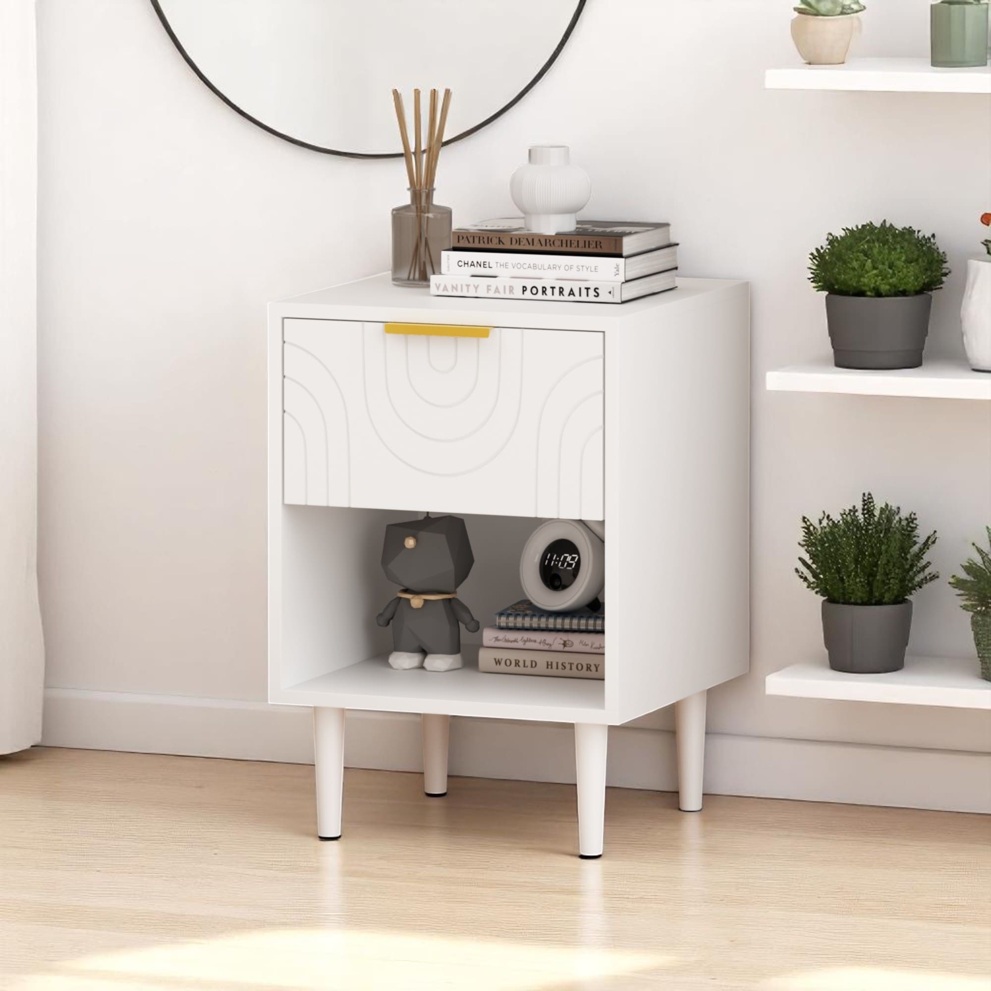Modern White Nightstand with 1 Drawer and Open Shelf, Gold Handle Accent, 22.83" Bedside Table for Bedroom or Living Room