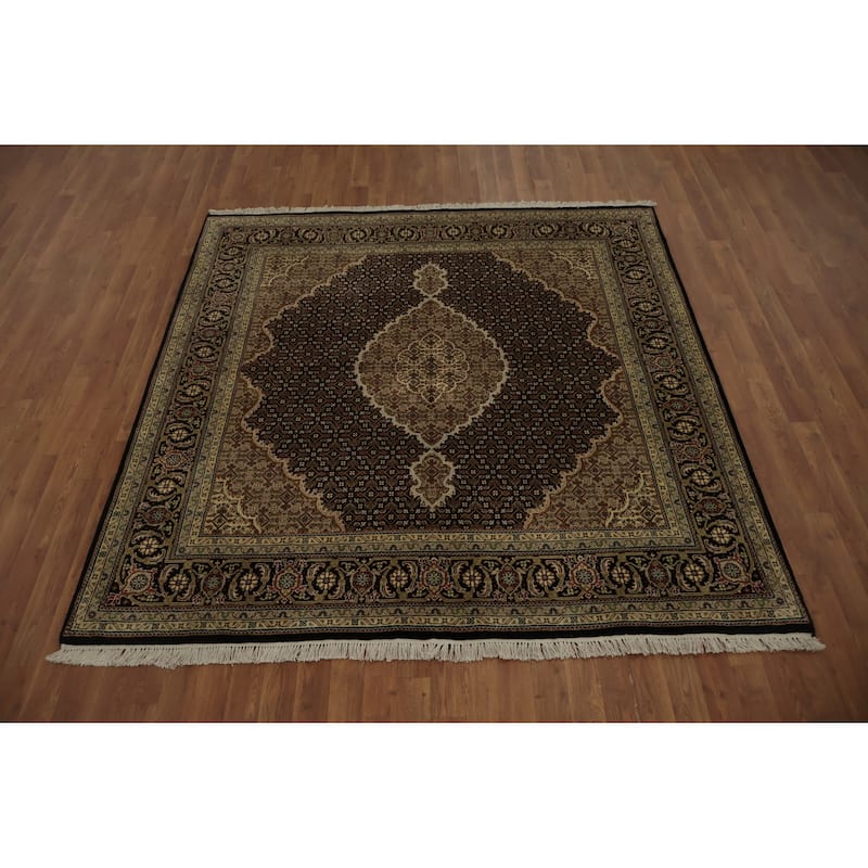 Hand Knotted Oriental 100% Wool Carpet Traditional Floral Black Tabriz-Mahi Area Rug - 6' 7'' X 6' 5''