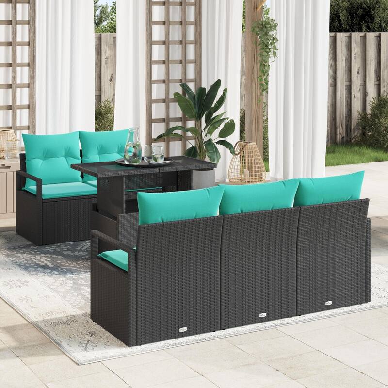 vidaXL 6 Garden Sofa Set with Cushions Black/Brown/Grey Poly Rattan - 68.9 x 24.4 x 27.2 - Black