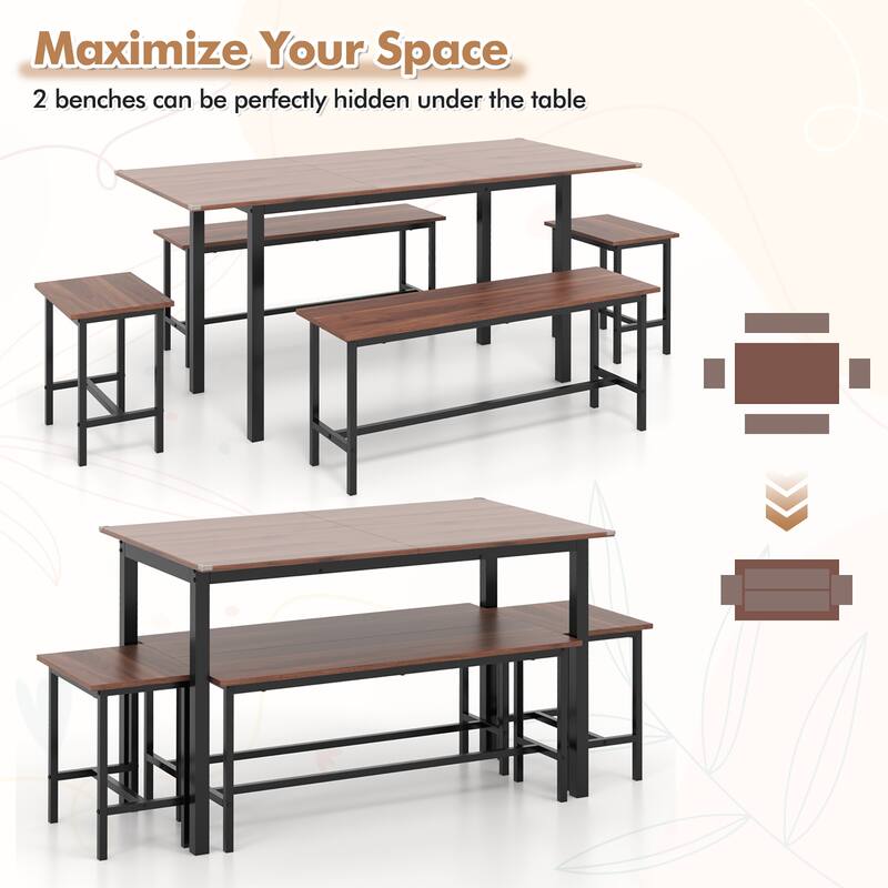 Gymax 5 PCS Dining Table Set for 4-6 w/ 2 Benches & 2 Stools Metal
