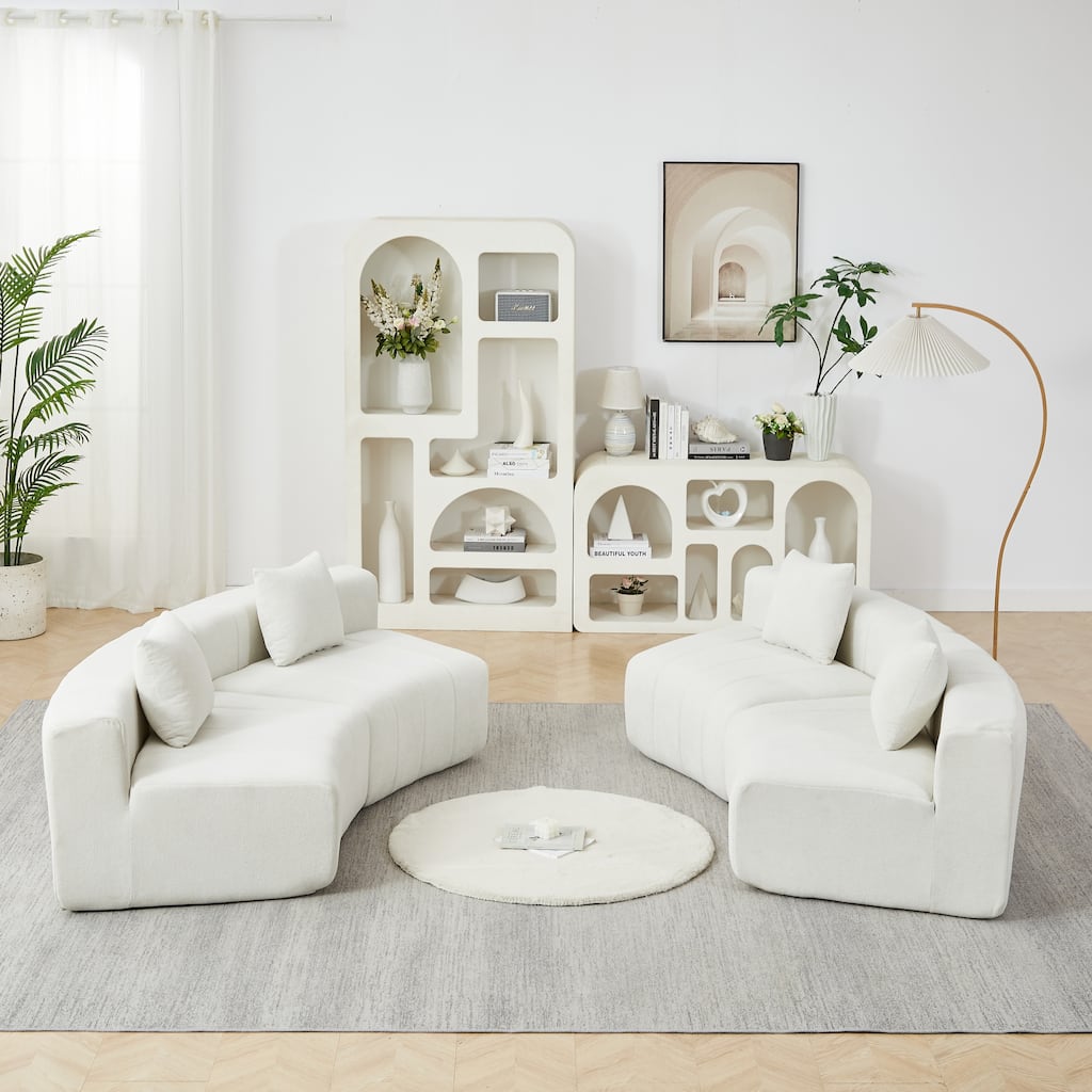 Roomfitters Curved Modular Sectional Sofa, Upholstered Low Profile 4-Piece Couch with Vertical Channeling and Pillows