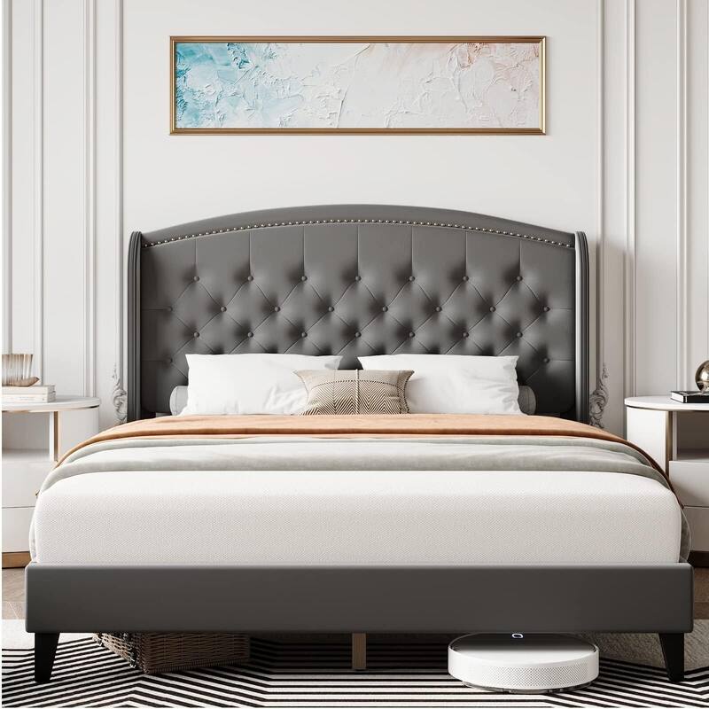 Upholstered Platform Bed Frame with Wingback Headboard - Grey - King