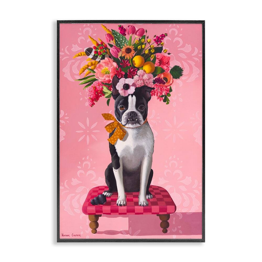 Stupell Bulldog & Pink Bouquet Framed Giclee Art Design By Heather Gauthier