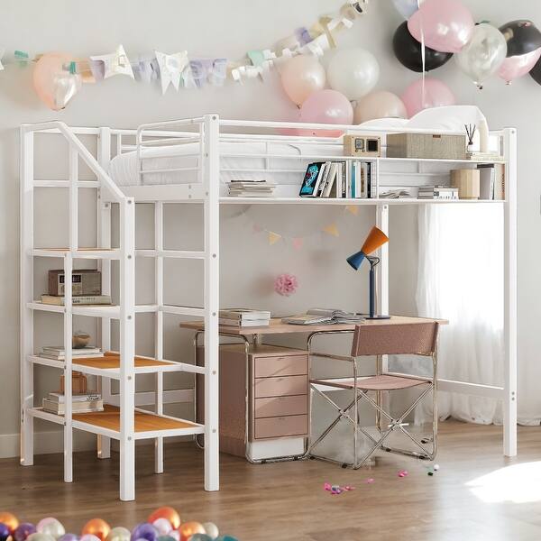 slide 2 of 26, Full Size Loft Bed with Desk , Heavy Duty Metal Loft Bed Full with Shelves, Full Loft Bed Frame for Kids,Teens White