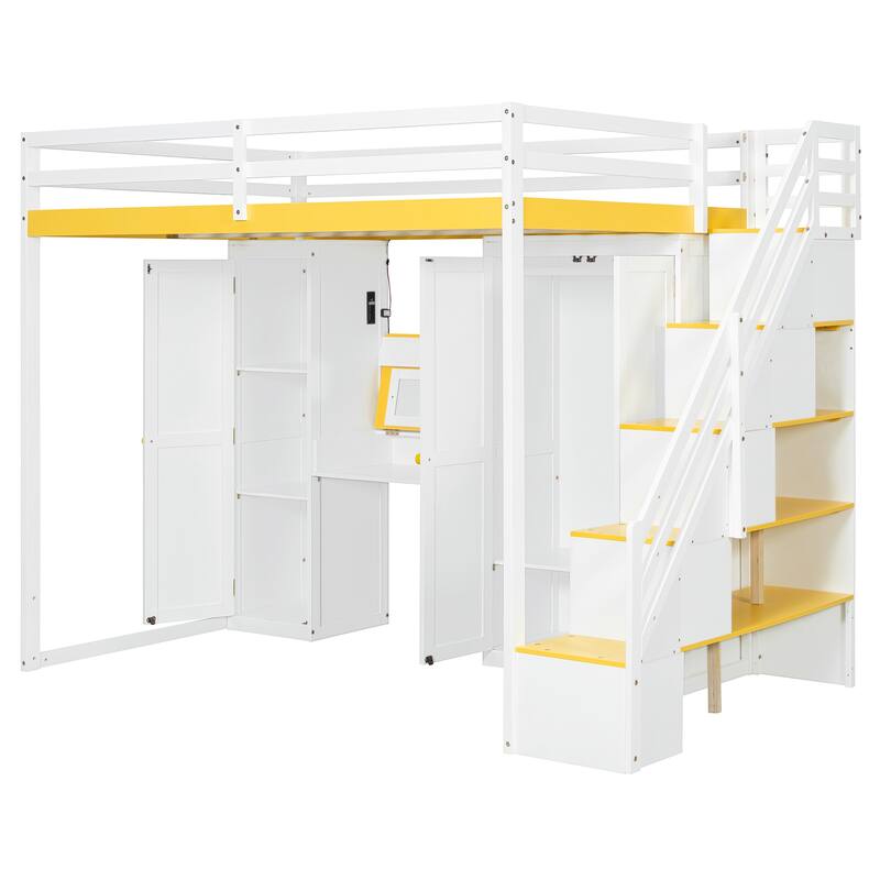 Full Size Loft Bed Frame for Kids with Storage Staircase, Wardrobe, Cabinets, USB, LED and Dressing Table with Mirror and Drawer