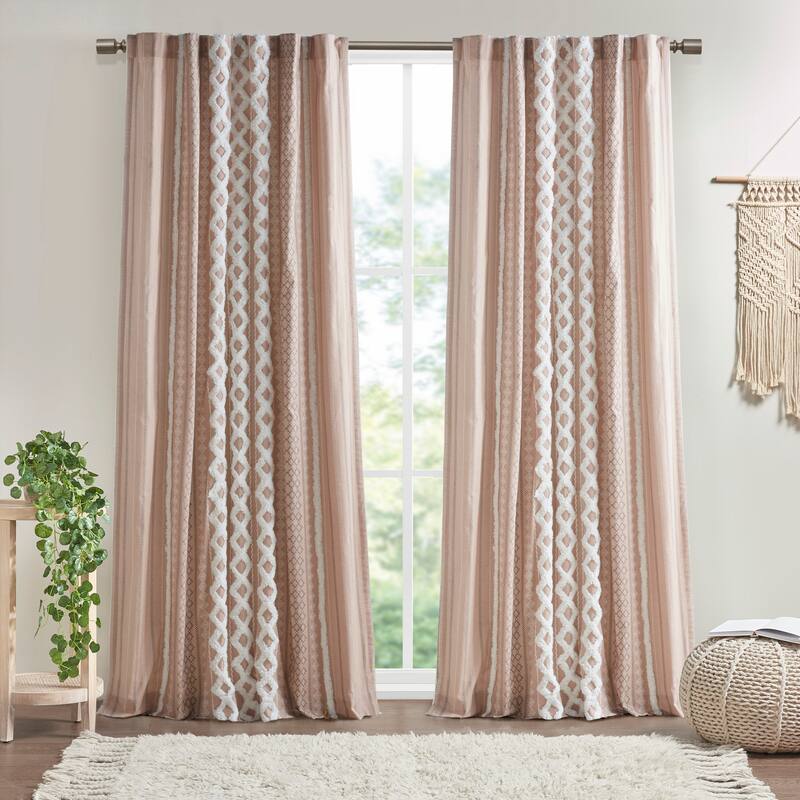 INK+IVY Imani Cotton Printed Curtain Panel with Chenille Stripe and Lining - 50x84" - Blush