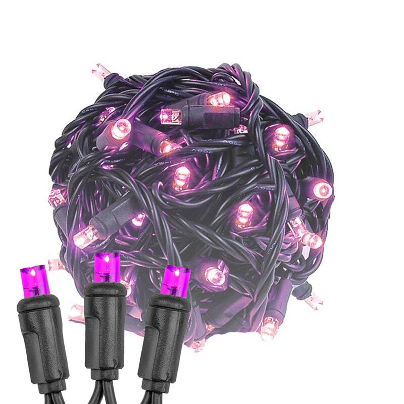 50 Light LED Christmas Mini Light Set, Patio Lights, Warm White, Black Wire, 11’ - Pink