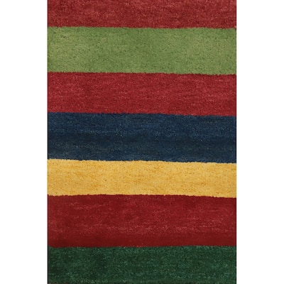 Hand Knotted Oriental 100% Wool Carpet Modern Stripe Multi-Colored Gabbeh Area Rug - 2' 9'' X 1' 11''