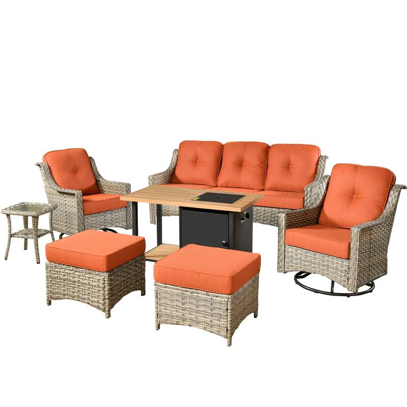 HOOOWOOO 7-piece Wicker High Back Patio Furniture Swivel Rocker Set with Fire Pit