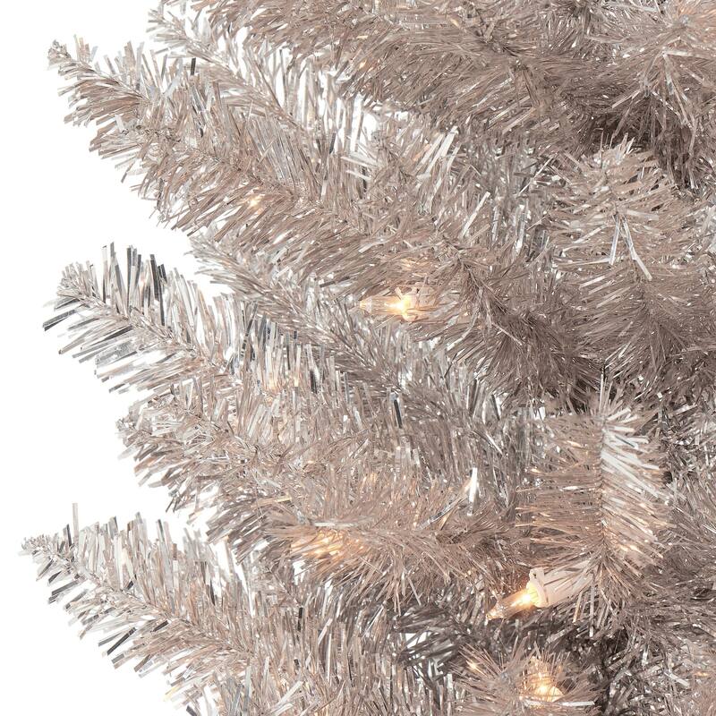 6' Rose Gold Tinsel Pencil Artificial Christmas Tree, Clear Lights