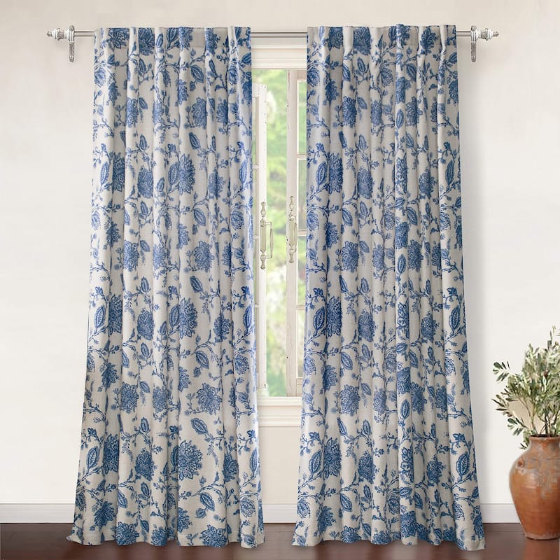 DriftAway Freda Jacobean Floral Linen Blend Lined Blackout Back Tabs Window Curtains