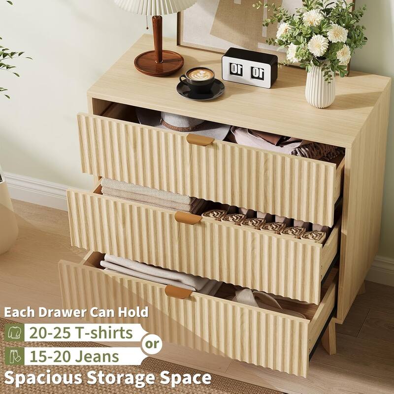 3 Drawer Dresser Set of 2, Mid Century Modern Dresser Drawers, Waveform Fluted Side Table