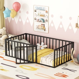 Twin Floor Bed, Montessori Floor Bed Frame with Fence Metal Kids Floor Bed with Door, Twin Size Slats Platform Bed, Black