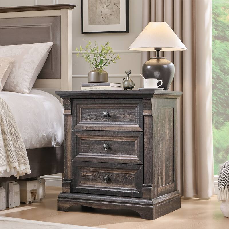 Farmhouse 3 Drawers Nightstand with Charging Station, Rustic End Table - Black