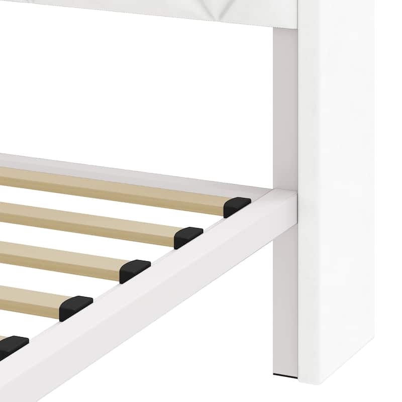 Farmhouse Bed Frame Upholstered Headboard Platform Bed with Charging Station