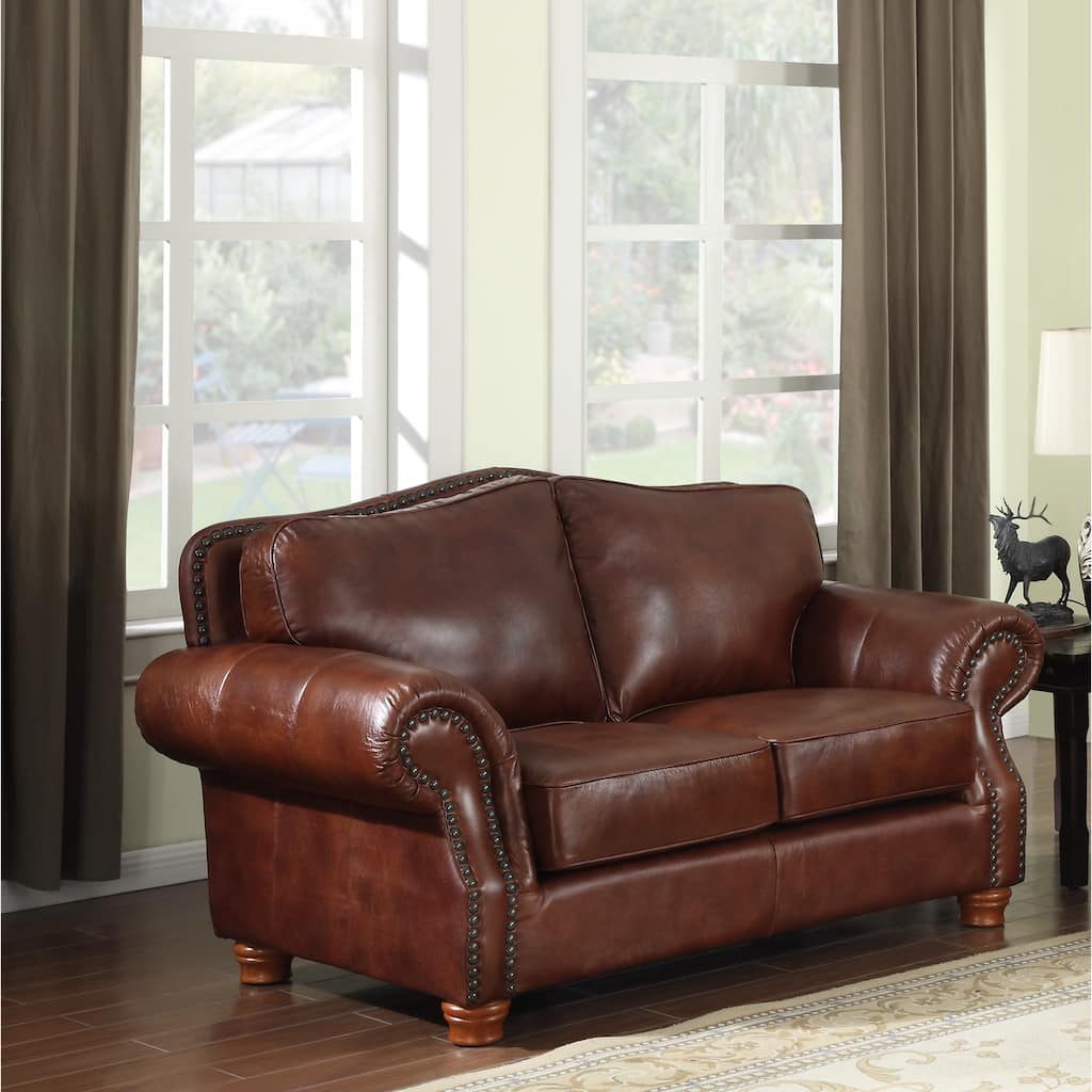 Brandon Distressed Whiskey Italian Leather Loveseat - 40"H x 68"H x 39"D - 40"H x 72"H x 36"D